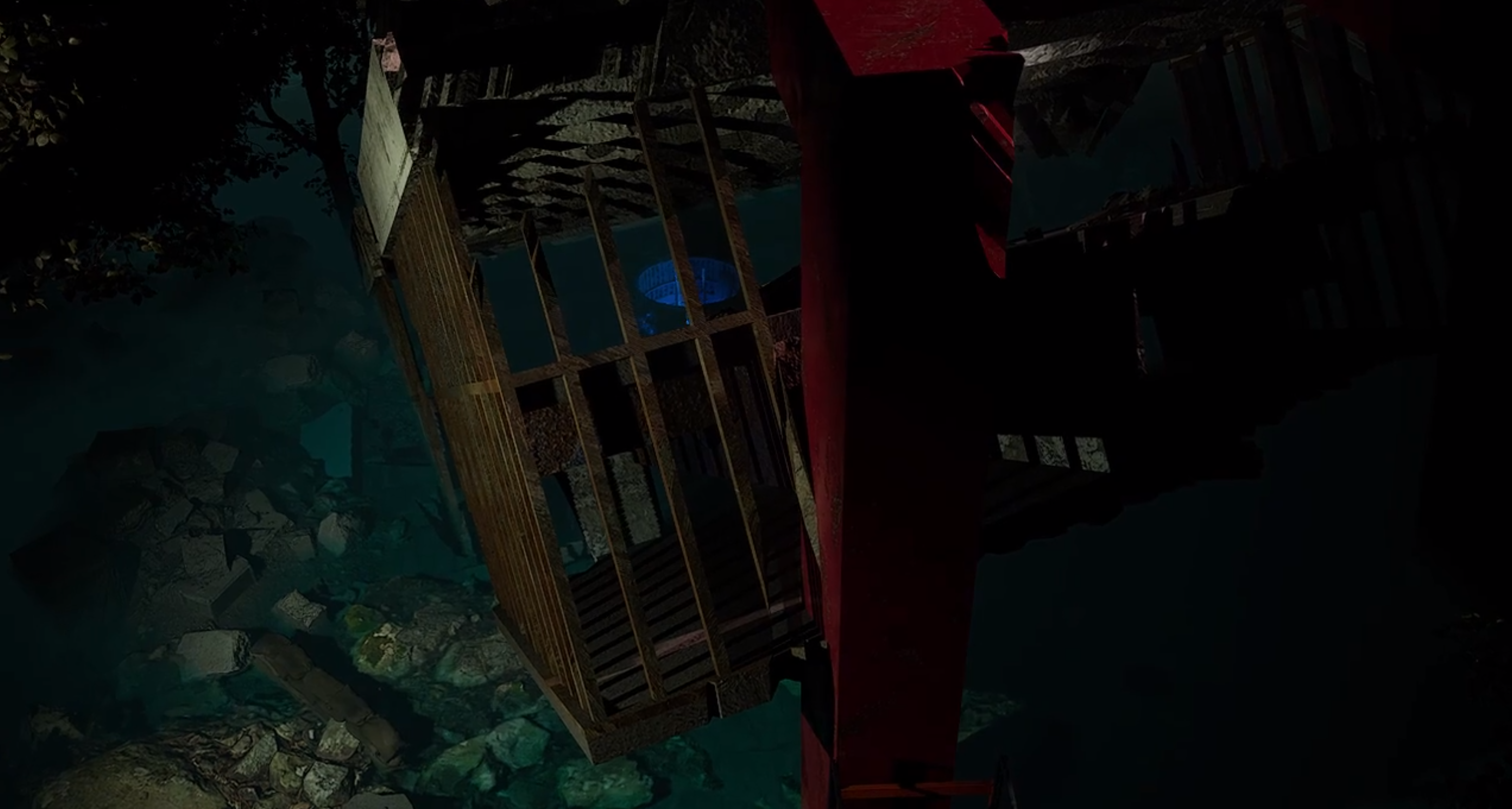 Still 04 exterior facade tilted mid-fall, vegetation and green radioactive glow